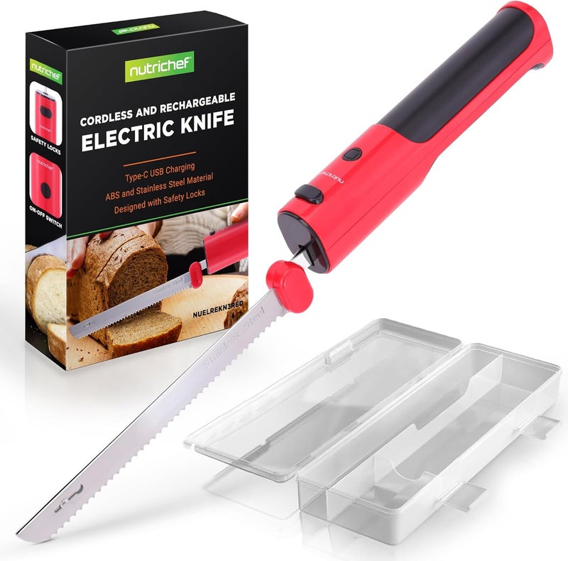 NutriChef Cordless Electric Knife | Easy to Use Constant ON/OFF Safety Function | Lightweight Kitchen Knife | Carve Turkey, Meats, Poultry, Bread & Cheese | 11.42’’ Stainless Steel Blades | Red - Image 1